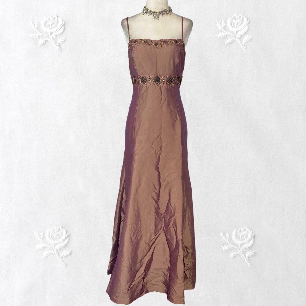 Vintage Cachet Bronze Brown Gold Intricate Bohemian Beaded Prom Maxi Dress 6 / S